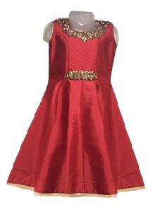 Red Silk Party Wear Embroidery Work Kids Gown