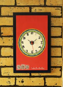 Red Warli Hand-Painted Wooden Wall Clock