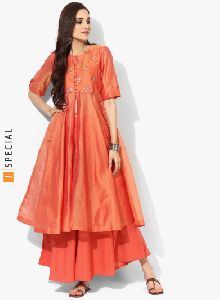 Round Neck Elbow Sleeves Chanderi Anarkali With Floral Mirror Embroidered Yoke And Circular Palazzo
