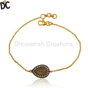 Yellow Chalcedony Cz Gemstone Designer Gold Plated Silver Chain Bracelet