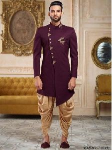 Purple Cotton Silk Self Sherwani