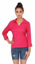Casual Rayon Plain Dyed Women\'s Pink Shirt