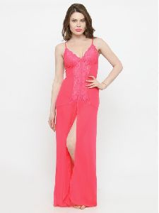 Deep Neck Pink Rose Lace Nighty Bridal Night Dress Nightwear with G-String