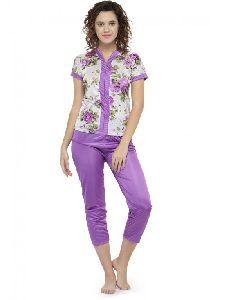 Floral Print Purple Satin Top Pyjama Set Loungewear Nightwear Night suit