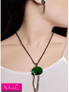 Green Large Bevelled Gem Charm Necklace with Matching Earring Set