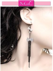 Silver Black Rhinestone Bow Earrings