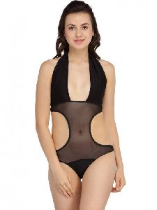 Women Deep Neck Cut Out Black Racer Style Lace Mesh One Piece Swimming Costume