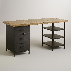 WOOD TOP INDUSTRIAL DESK WITH SHELF AND DRAWERS