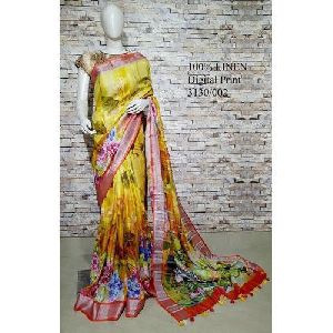 Yellow Printed Linen Saree