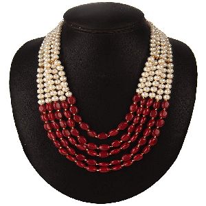Ankur amazing gold plated five layer red and white beads necklace set for women