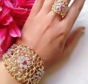 women astonish gold rhodium plated american diamond kada ring set