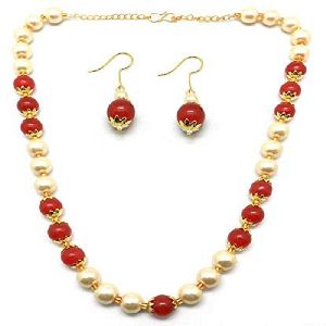 Ankur elegant gold plated red and golden beads necklace set for women