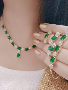 Ankur designer gold plated green american diamond combo necklace set for women