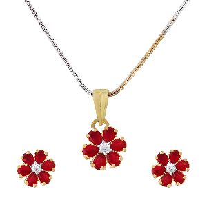 Ankur elegant gold and rhodium plated american diamond red flower shape combo pendant set for women