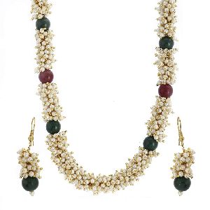 gold plated pearl studded chain necklace set