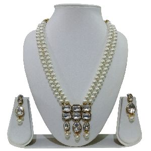 women gold plated two layers kundan pearl beads necklace set