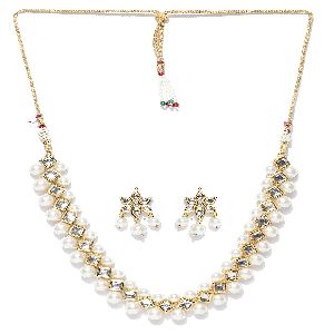 Ankur glistening gold plated white beads kundan necklace set for women