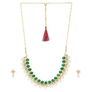 Ankur glittery gold plated green beads kundan necklace set for women