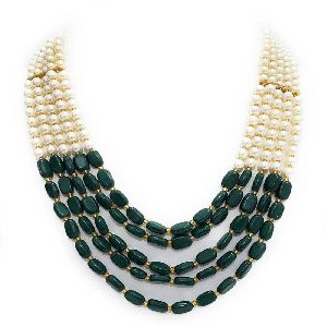 gold plated five layer white green beads necklace