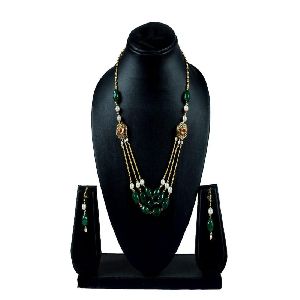Ankur luxurious gold plated three string green beads necklace set for women