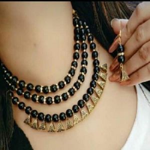 Ankur marquise three string gold oxodize and black beads necklace set for women