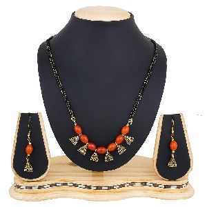 Ankur pretty gold plated red oval shape beads mangalsutra set for women