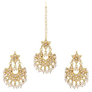 Ankur pretty gold plated white beads wedding maang tikka and earring for women