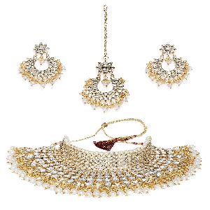 Ankur respledent gold plated kundan semi bridal necklace set for women
