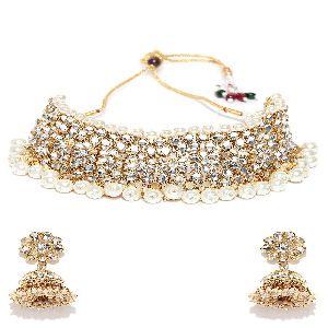 women gold plated kundan pearl choker necklace set