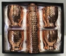 Copper Hammered Bottle With 4 Curved Tumbler Gift Set