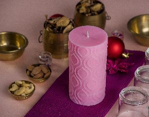 Embossed Pillar Leaf Pink Candle