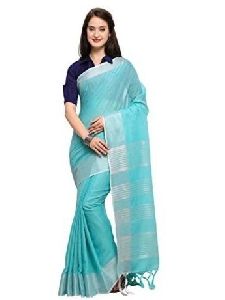 Blue Plain Linen Saree