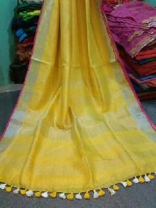 Yellow Plain Linen Saree