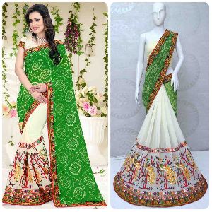 Kutchi Peacock Work With Real Mirror Georgette Saree