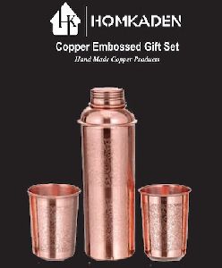 HAND MADE COPPER EMBOSSED BOTTLE AND GLASSES GIFTING SET