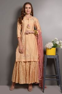 BEIGE SILK CHANDERI KURTA SET WITH GARARA AND NET EMBROIDED DUPPATTA