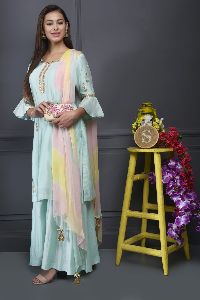 BLUE GOTA PATTI KURTA SET WITH RAINBOW DUPPATTA