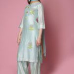 BLUE SILK CHANDERI KURTA SET WITH APPLIQUE WORK IN COLORS IN A FLORAL PATTERN