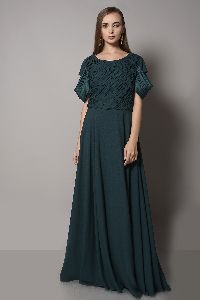 BOTTLE GREEN GOWN WITH DRAPED SLEEVES