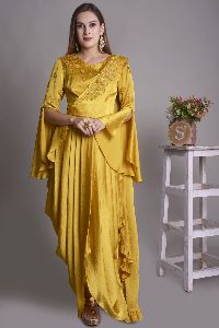 YELLOW SATIN DRAPE DRESS WITH EMB