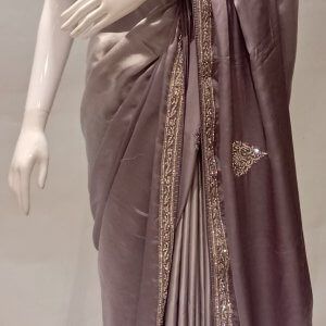 Grey Satin Silver Work Saree