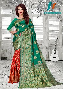 Green &amp; Red Silk With Golden Weaving jacquard Saree