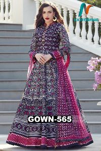 Navy Blue Party Wear Gown With Soft Net Table Print Dupatta