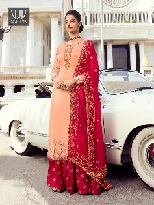 Peach Satin Georgette Lehenga Style Suit