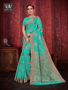 Turquoise Color Linen Silk Designer Saree