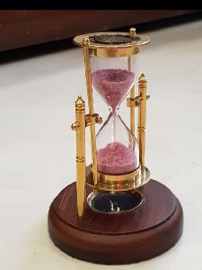 Brass Hanging Antique Sand Timer with Compass On Wooden Base Hour Glass Clock