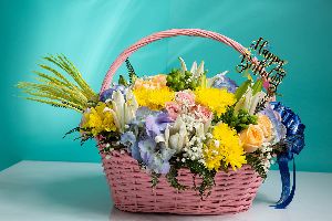 Basket of Hydrangea, Lily, Roses, Daisy & Berry