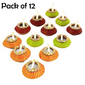 LOF Set of 12 Multicolor Traditional Handmade Diwali Clay ( Mitti ) Diya Filled with Wax for Diwali