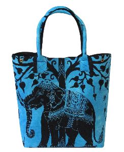 Sky Blue Elephant Tree Printed Cotton Handbag