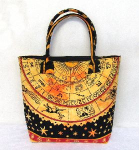 Yellow Zodiac Printed Mandala Cotton Handbag